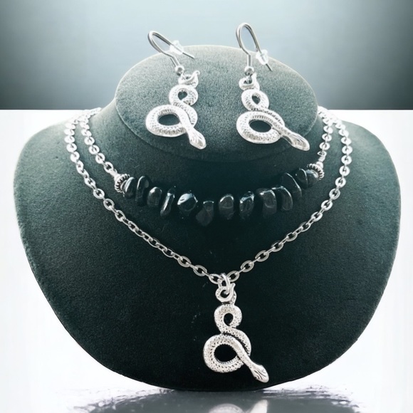 Set ! Obsidian double layer necklace snake + matching earrings boho goth celtic - Picture 1 of 10